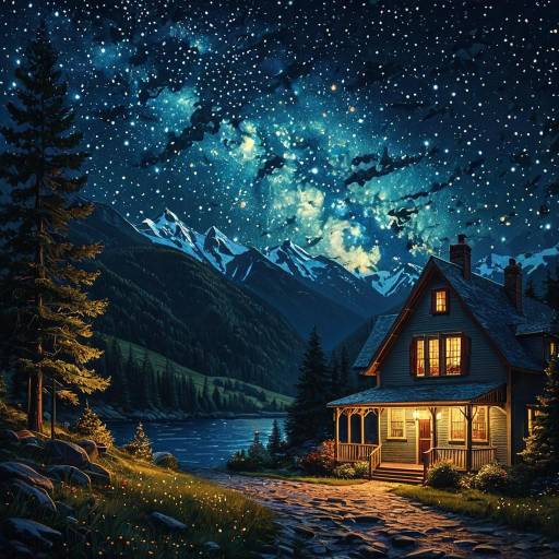 Cozy Mountain Cabin Under Starry Night Sky Cozy Mountain Cabin Under Starry Night Sky