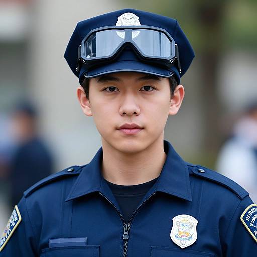 Photograph of a young Asian male police officer with fair skin, black uniform, badge, and goggles, standing outdoors with a blurred background.