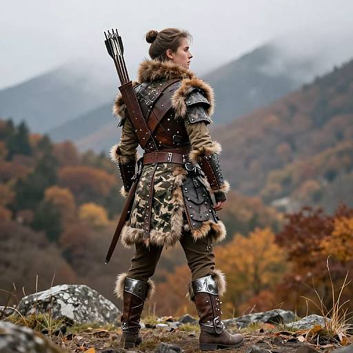 Photograph of a female archer in medieval fur and leather armor, standing on a rocky mountain path with autumn foliage. Quiver of arrows on her