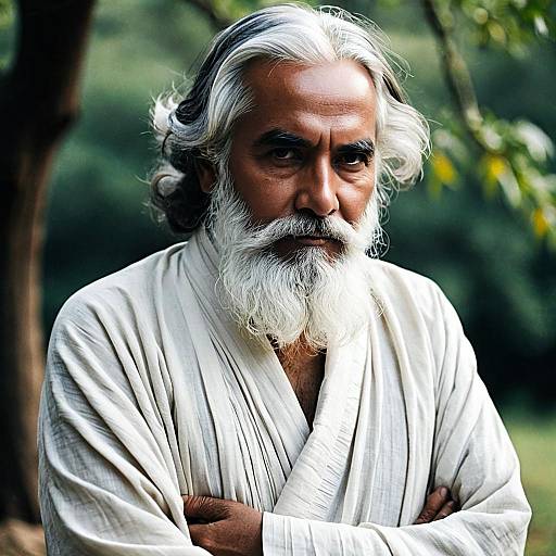 Wise Elderly Man in White Robe Outdoors