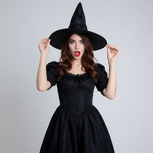 Photograph of a pale-skinned woman with red lipstick, wearing a black witch hat and dress, holding the hat's brim, against a white