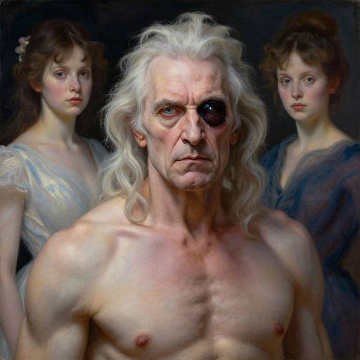 Digital painting of a muscular, shirtless elderly man with white hair, an eyepatch, flanked by two young women in Victorian dresses. Dark