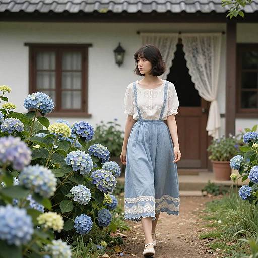 Photograph of a young Asian woman with black bob haircut, wearing white blouse and blue lace-trimmed high-waist skirt, walking through a