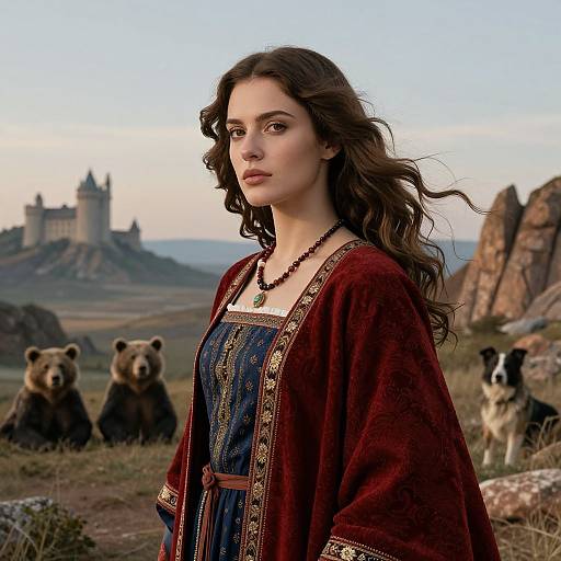 Photorealistic digital art of a brunette woman with wavy hair in a medieval dress and red cloak, standing in a grassy landscape with bears and