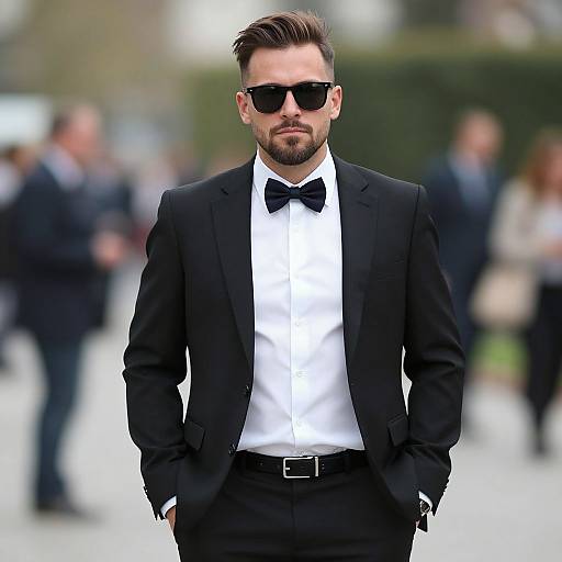 Photograph of a bearded man in a black tuxedo, bow tie, white shirt, and black sunglasses, standing confidently outdoors with blurred background