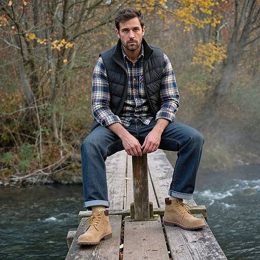 Photograph of a bearded man with short brown hair, wearing a plaid shirt, black vest, blue jeans, and tan boots, sitting on