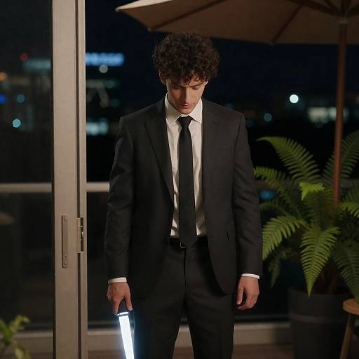 Mysterious Man with Glowing Knife at Doorway