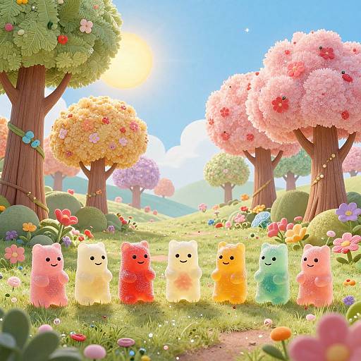 Bright, whimsical digital illustration of five fluffy, pastel-colored, smiling creatures standing in a colorful meadow with blooming flowers and sunlit,