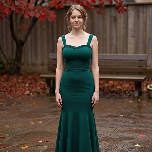 Photograph of a fair-skinned woman with brown hair in a green, sleeveless, form-fitting dress standing in a wooden-fenced garden with