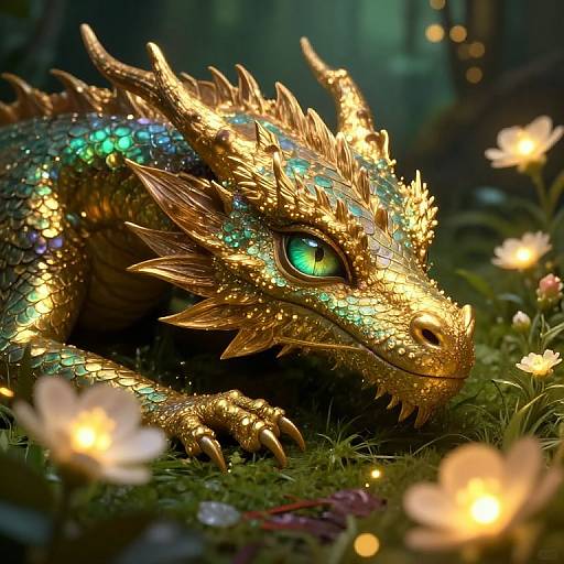 Digital art of a golden, iridescent dragon with glowing green eyes, surrounded by glowing flowers in a mystical forest.