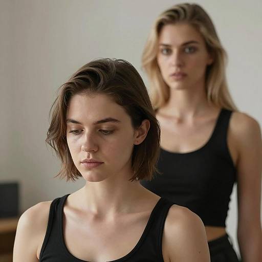 Two Women in Black Tops with Contrasting Expressions