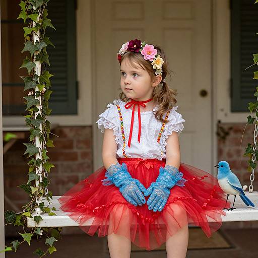 Photograph of a young girl in a white lace top, red tulle skirt, blue gloves, floral headband, sitting on a swing with a