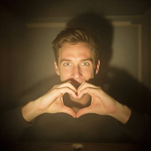 Photograph of a man with short brown hair, wide blue eyes, and a mustache, forming a heart shape with his hands against a dark,