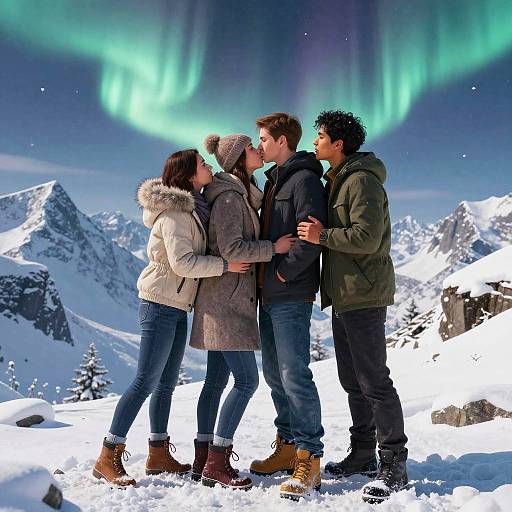 Photograph of a snowy mountain landscape with four couples kissing under vibrant green aurora borealis, dressed in winter clothes.