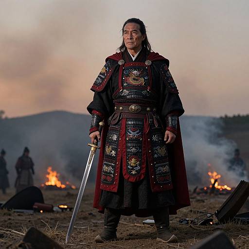 Twilight Warrior Amidst Burning Ruins