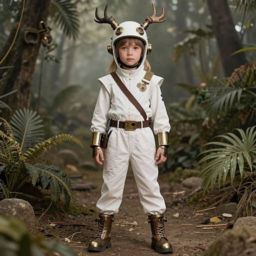 Photograph of a young child in a white space suit with antler helmet, brown boots, and brass accents, standing in a foggy, forest