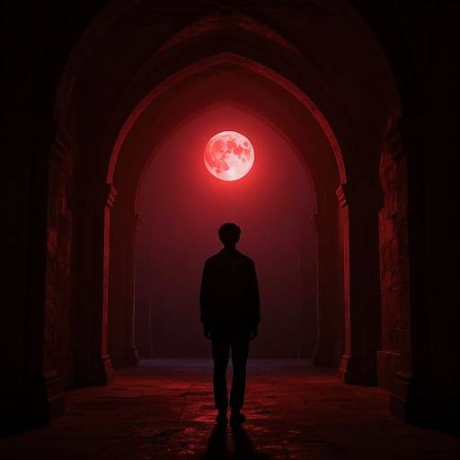 Silhouetted figure stands in dark, arched corridor, illuminated by intense red full moon above. Photographic, surreal, eerie atmosphere.
