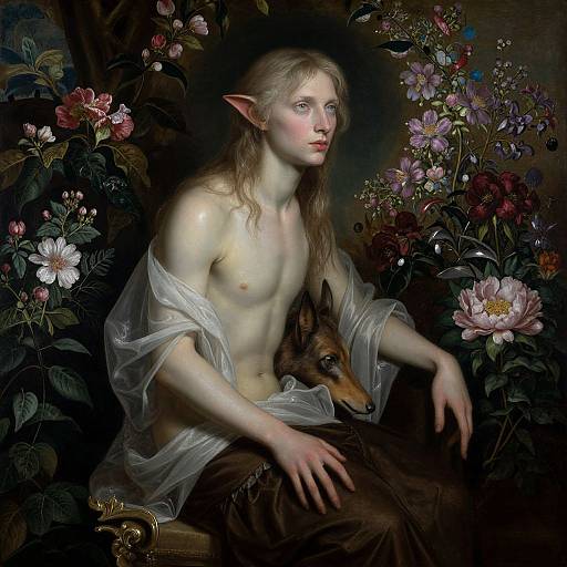 Digital painting of a fair-skinned, topless elven woman with long blonde hair, pointed ears, and a fox, surrounded by lush, dark