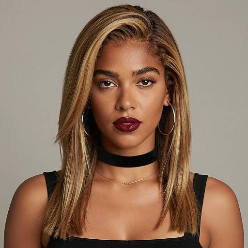 Portrait of Woman with Blonde Highlights and Dark Red Lipstick