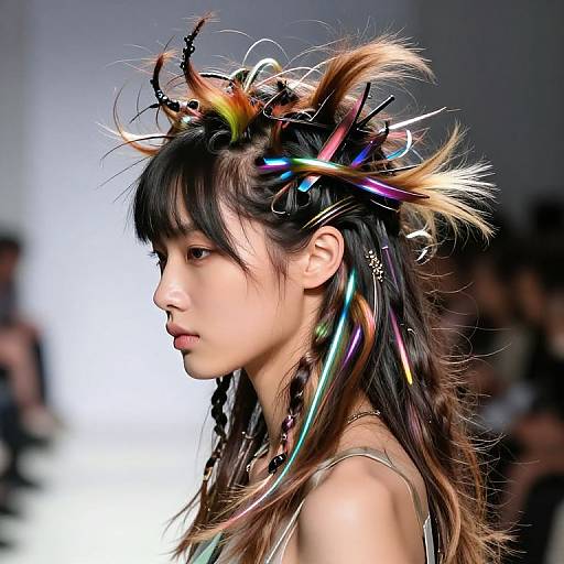 Photograph of a young Asian woman with colorful, spiky hair accessories, side profile, wearing a metallic top, against a blurred white background.