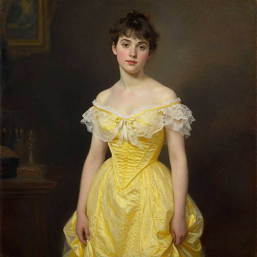 Victorian-style oil painting of a young woman with fair skin, dark hair, and delicate features, wearing a yellow off-the-shoulder dress with