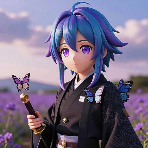 Digital anime-style drawing of a blue-haired character with purple eyes, wearing a black kimono, holding a sword, surrounded by butterflies in a lavender field