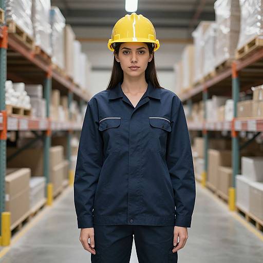 Photograph of a serious young woman with long black hair, wearing a yellow hard hat and dark blue work uniform, standing in a brightly lit, industrial