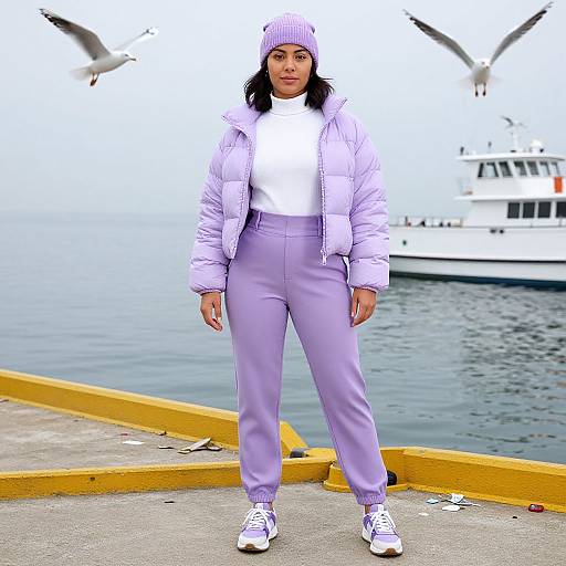 Photograph of a young woman with dark skin and black hair, wearing a white turtleneck, lavender puffer jacket, matching high-waisted
