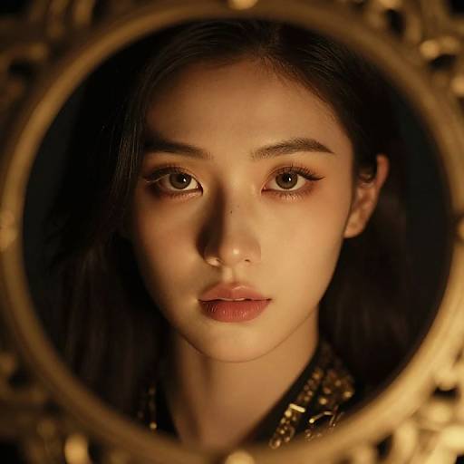 Photograph of an Asian woman with fair skin, dark hair, and brown eyes, framed by an ornate, golden circular mirror. Warm, soft