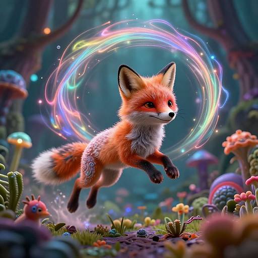 Digital artwork of a vibrant red fox with glowing rings, leaping mid-air in a whimsical, colorful forest filled with mushrooms.