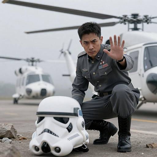 Crouching Soldier Amidst Stormy Skies