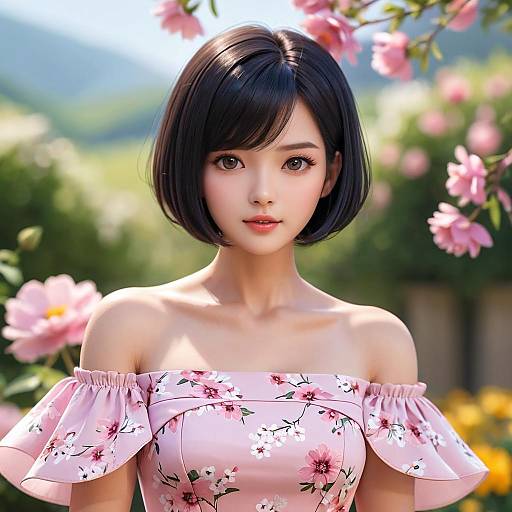 Expressionless Girl in Pink Dress Outdoors