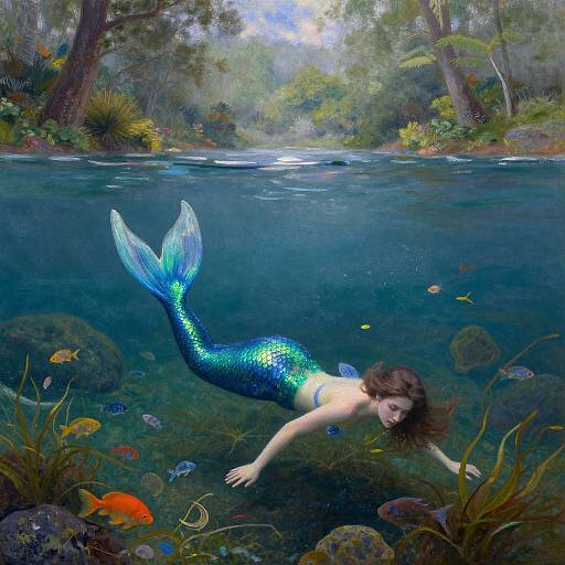 Digital painting of a blue, shimmering mermaid with long brown hair, swimming underwater in a lush, sunlit forest pond, surrounded by colorful fish