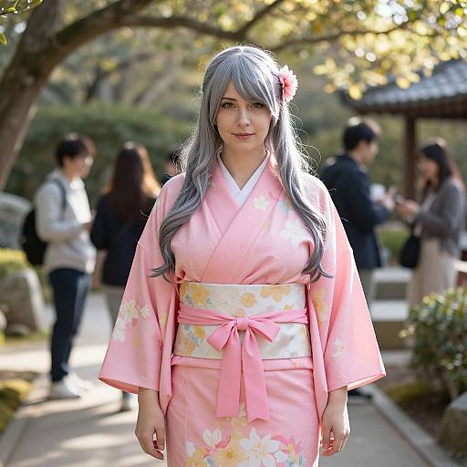 Photograph of a woman with long silver hair in a pink floral kimono, standing in a sunlit garden, surrounded by blurred people.