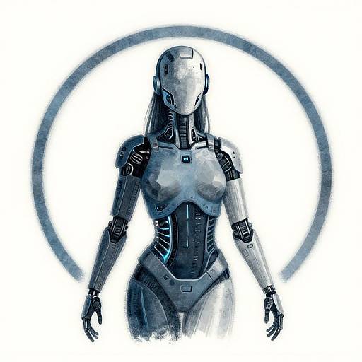 Digital illustration of a futuristic female robot with a sleek, metallic body, blue accents, and a white, featureless head. She stands against a white