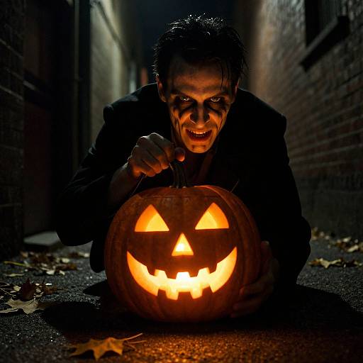 Photograph of a menacing, white-faced Joker with black makeup, crouching in a dark alley, grinning at a glowing jack-o'-lan