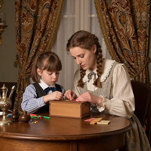 Photograph of a young woman with braided hair and a boy in vintage clothing playing a wooden board game at a wooden table, with ornate curtains