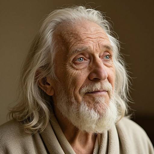 Photograph of an elderly man with long white hair, white beard, and wrinkled skin, gazing upwards with a gentle expression, wearing a beige