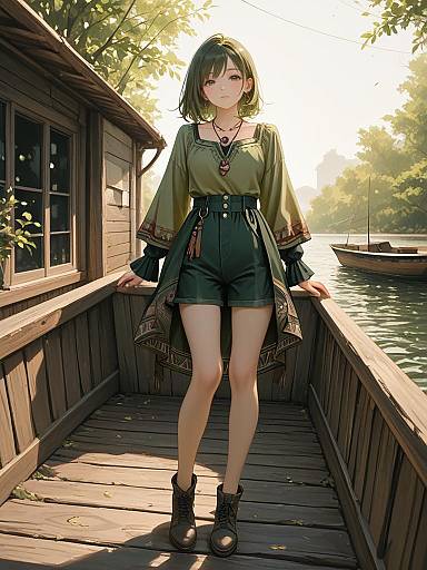 Digital anime-style drawing of a young woman with short brown hair, wearing a green blouse, black shorts, and boots, standing on a wooden dock by