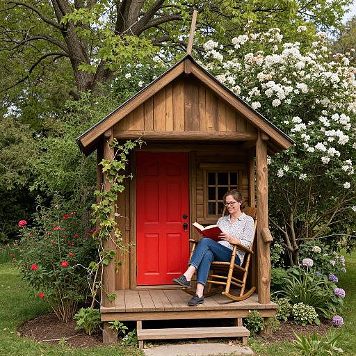 Photograph of a woman with glasses, white blouse, blue jeans, and black shoes, reading on a wooden porch chair in front of a red door