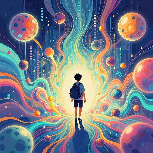 Digital artwork: Silhouetted child with backpack stands at center, facing radiant, swirling cosmic waves and colorful planets against a starry, blue-purple