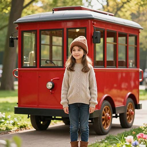 Photograph of a young girl with long brown hair, wearing a beige sweater, blue jeans, brown boots, and a brown knit hat, standing in