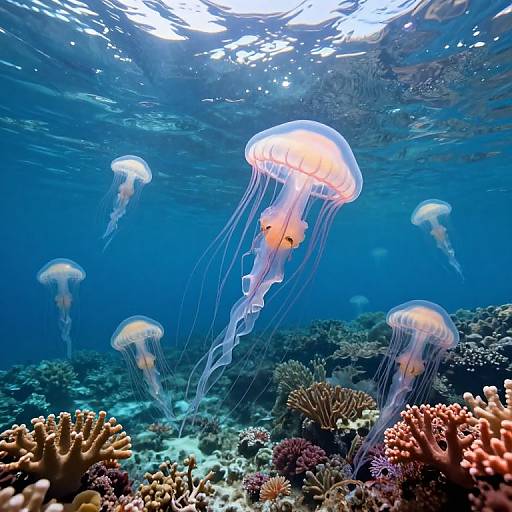 Photograph of a vibrant underwater scene featuring several glowing, translucent jellyfish floating above colorful coral reefs in a clear, blue ocean.