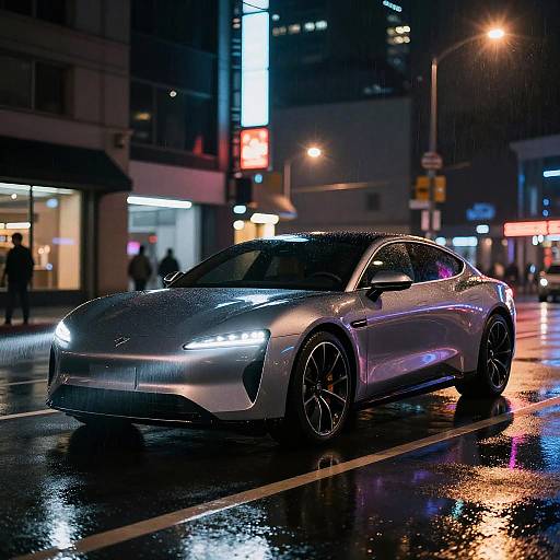Photograph of a sleek, silver Porsche sports car with glowing headlights on a rainy, neon-lit city street at night.