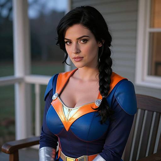 Photorealistic digital artwork of a brunette woman with a braided ponytail, wearing a blue and orange superhero costume with a low neckline, sitting on
