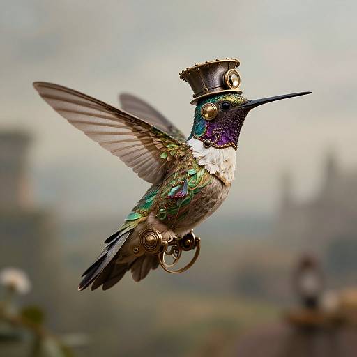 Photograph of a vibrant hummingbird with iridescent green and purple feathers, wearing a small black top hat, hovering in mid-air against a blurred