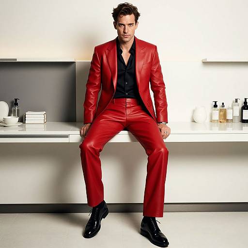 Confident Man in Crimson Leather Suit