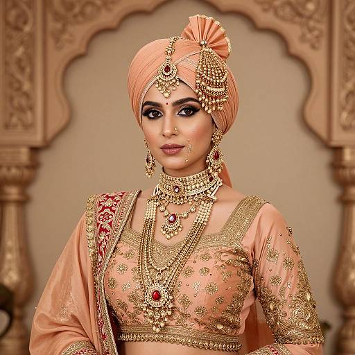 Photograph of a South Asian bride in traditional attire: peach saree with gold embroidery, ornate jewelry, and a pink turban, set against