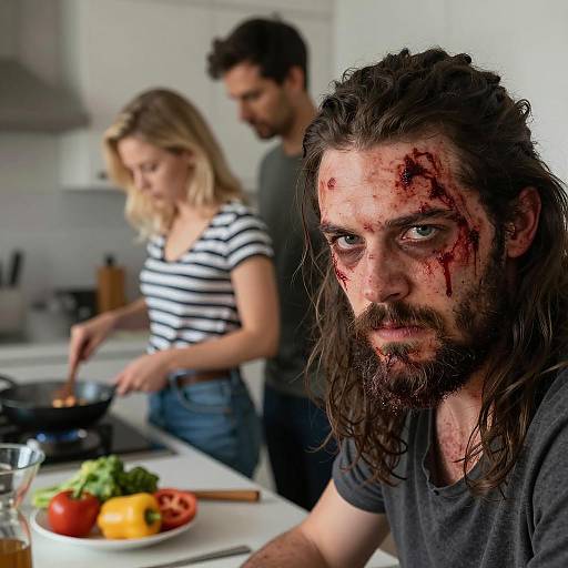 Intense Kitchen Scene with Bloodied Man