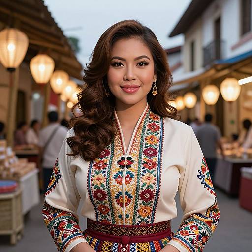 Photograph of an Asian woman with wavy brown hair, wearing a white, intricately embroidered blouse, standing in a warmly lit, bustling evening market